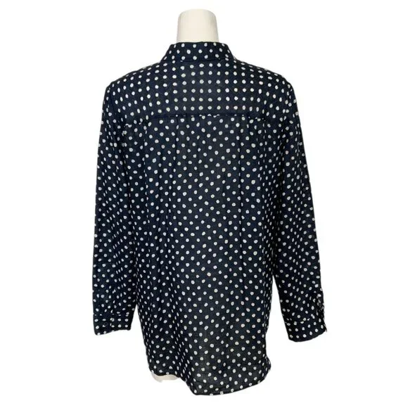 Lafayette 148 Linen Button Front Shirt L Blue Polka Dot - Picture 2 of 16